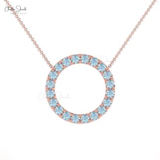 Open Circle Necklace With Round Aquamarine 14k Solid Gold Dainty Eternity Necklace For Mom