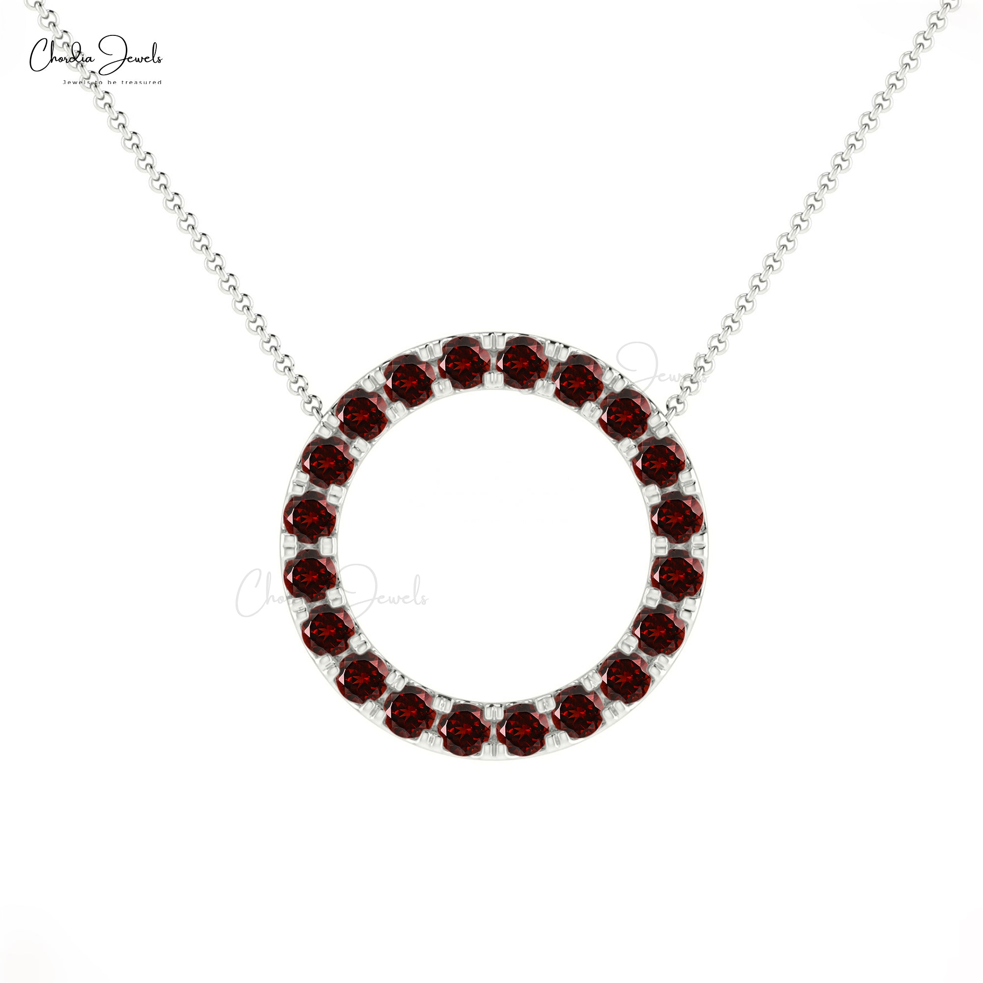 Solid 14k Gold Eternity Circle Necklace With 2mm Garnet Gemstone Women Necklace