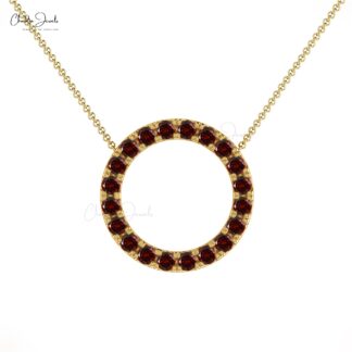 Solid 14k Gold Eternity Circle Necklace With 2mm Garnet Gemstone Women Necklace