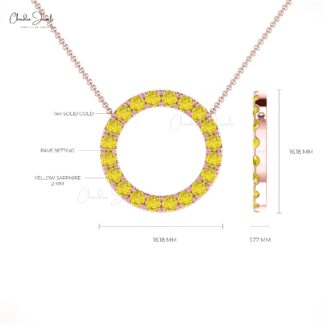 Real 14k Gold Open Circle Pendant With 2mm Yellow Sapphire Handmade Chain Necklace