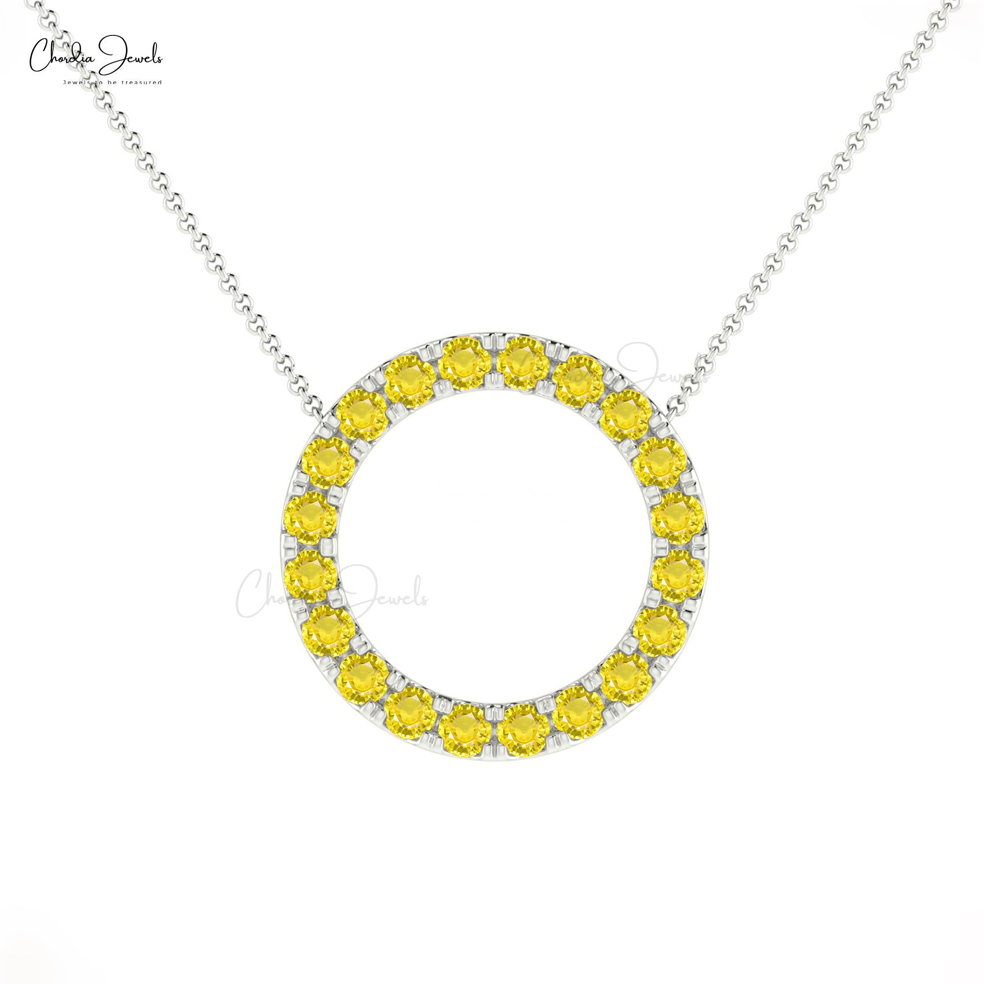 Real 14k Gold Open Circle Pendant With 2mm Yellow Sapphire Handmade Chain Necklace