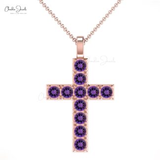 Purple Amethyst Gemstone Religious Pendant 14k Solid Gold 0.66Ct Round Cut Cross Jewelry
