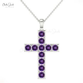 Purple Amethyst Gemstone Religious Pendant 14k Solid Gold 0.66Ct Round Cut Cross Jewelry