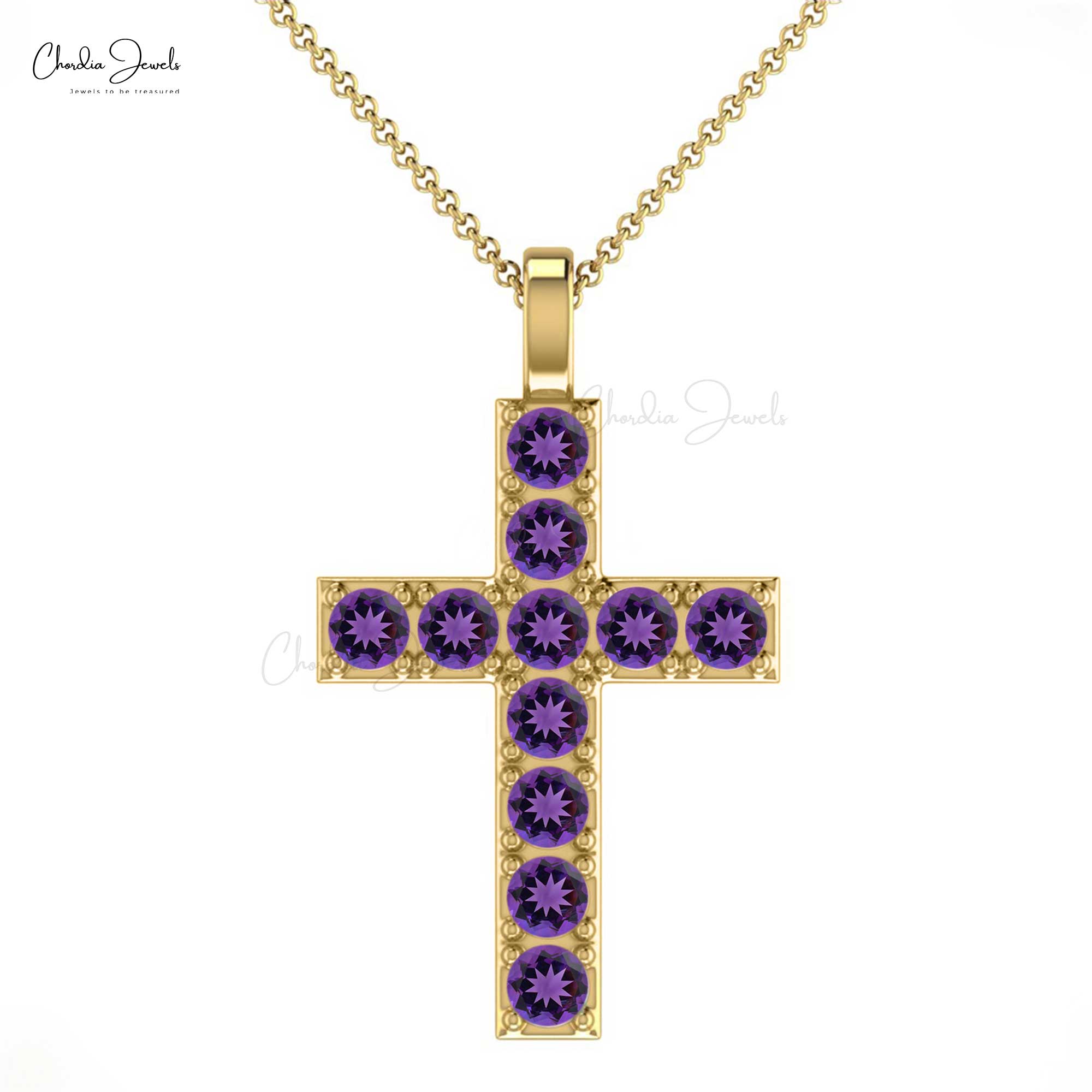 Purple Amethyst Gemstone Religious Pendant 14k Solid Gold 0.66Ct Round Cut Cross Jewelry
