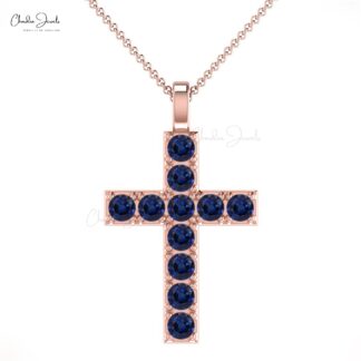 Cross Minimal Pendant In Pure 14k Gold Blue Sapphire 0.55 Ct Gemstone Baptism Necklace