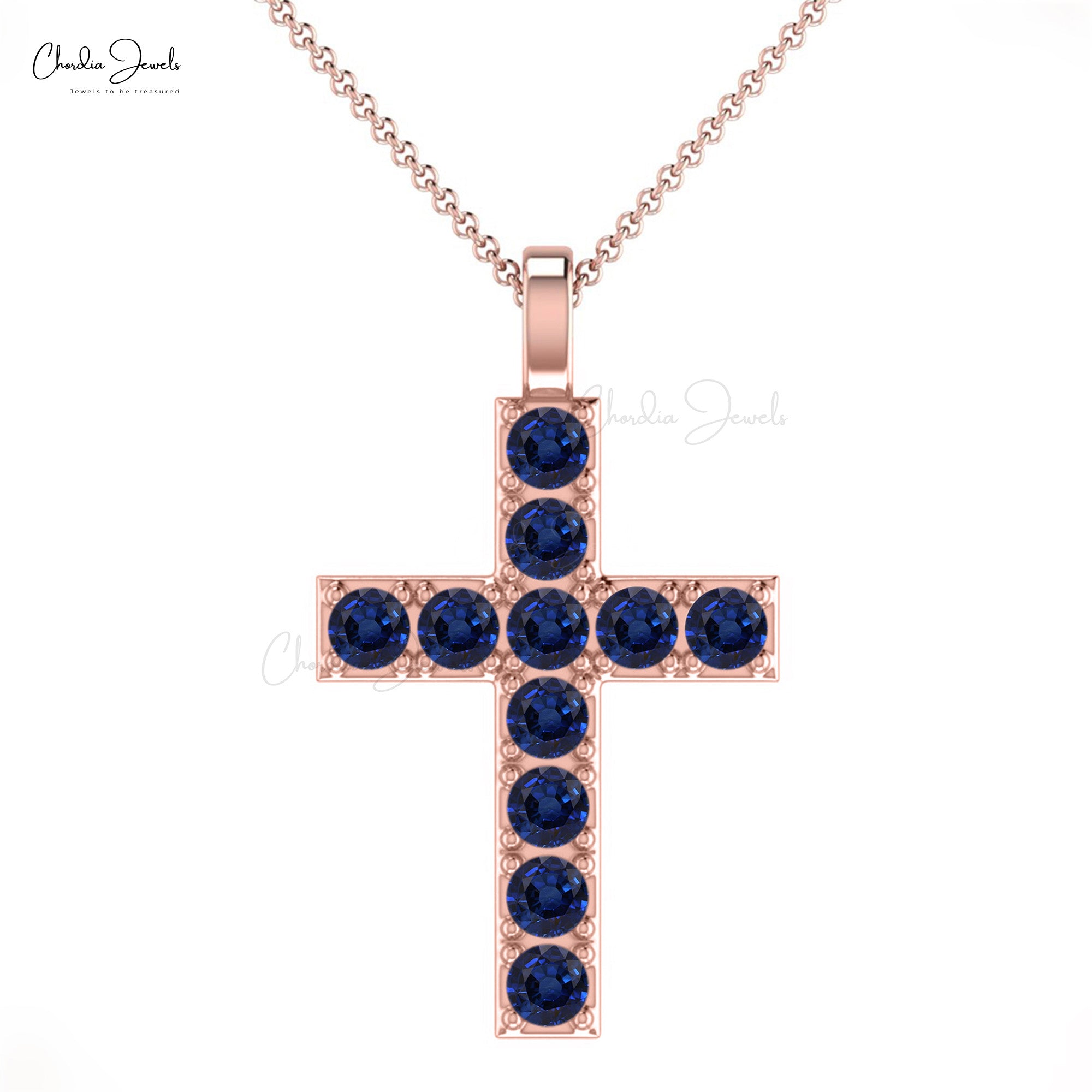 Cross Minimal Pendant In Pure 14k Gold Blue Sapphire 0.55 Ct Gemstone Baptism Necklace