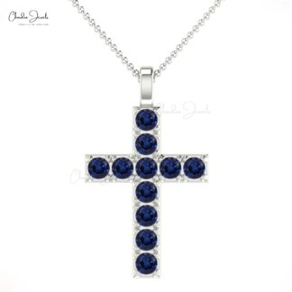 Cross Minimal Pendant In Pure 14k Gold Blue Sapphire 0.55 Ct Gemstone Baptism Necklace