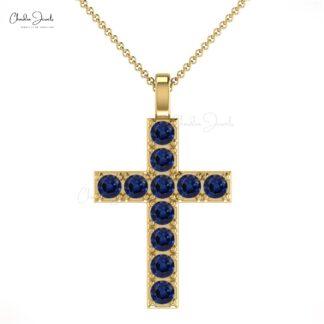Cross Minimal Pendant In Pure 14k Gold Blue Sapphire 0.55 Ct Gemstone Baptism Necklace