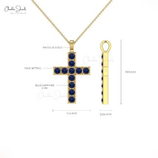 Cross Minimal Pendant In Pure 14k Gold Blue Sapphire 0.55 Ct Gemstone Baptism Necklace