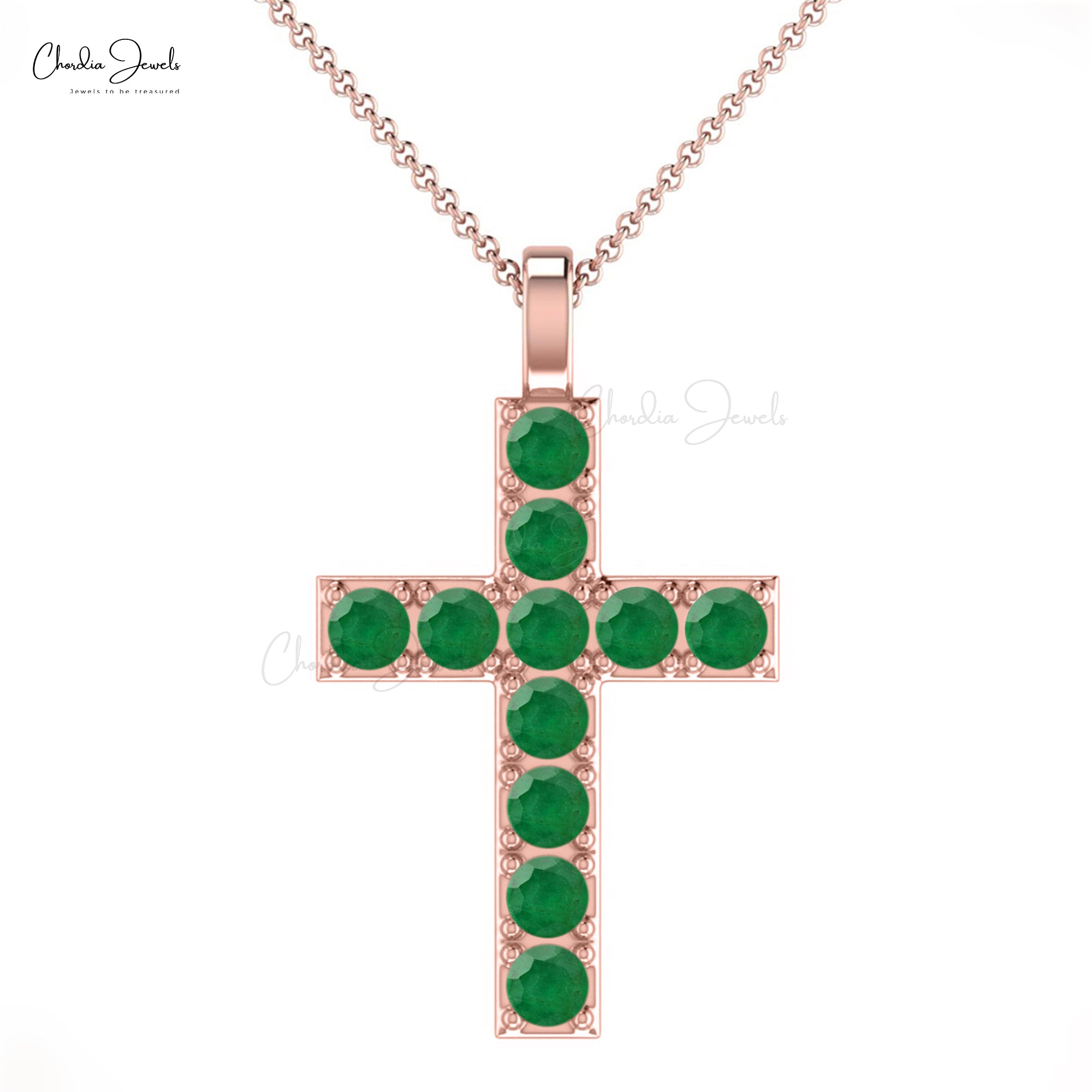 Cross Locket Pendant With Natural Emerald 14k Solid Gold Pave Set Religious Pendant For Her
