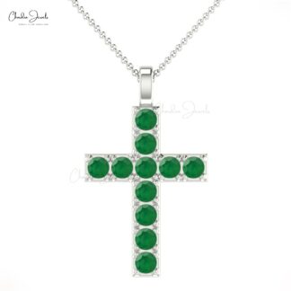 Cross Locket Pendant With Natural Emerald 14k Solid Gold Pave Set Religious Pendant For Her