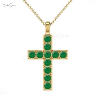 Cross Locket Pendant With Natural Emerald 14k Solid Gold Pave Set Religious Pendant For Her