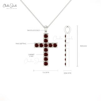 Gemstone Cross Pendant in Solid 14k Gold Red Garnet January Birthstone Jesus Necklace