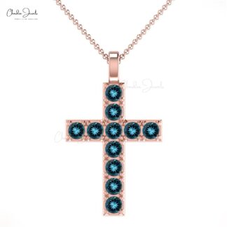 Solid 14k Gold Cross Pendant With 2mm London Blue Topaz Baptism Religious Necklaces