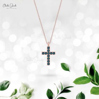 Solid 14k Gold Cross Pendant With 2mm London Blue Topaz Baptism Religious Necklaces