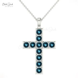 Solid 14k Gold Cross Pendant With 2mm London Blue Topaz Baptism Religious Necklaces
