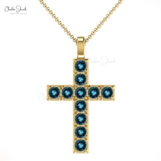 Solid 14k Gold Cross Pendant With 2mm London Blue Topaz Baptism Religious Necklaces