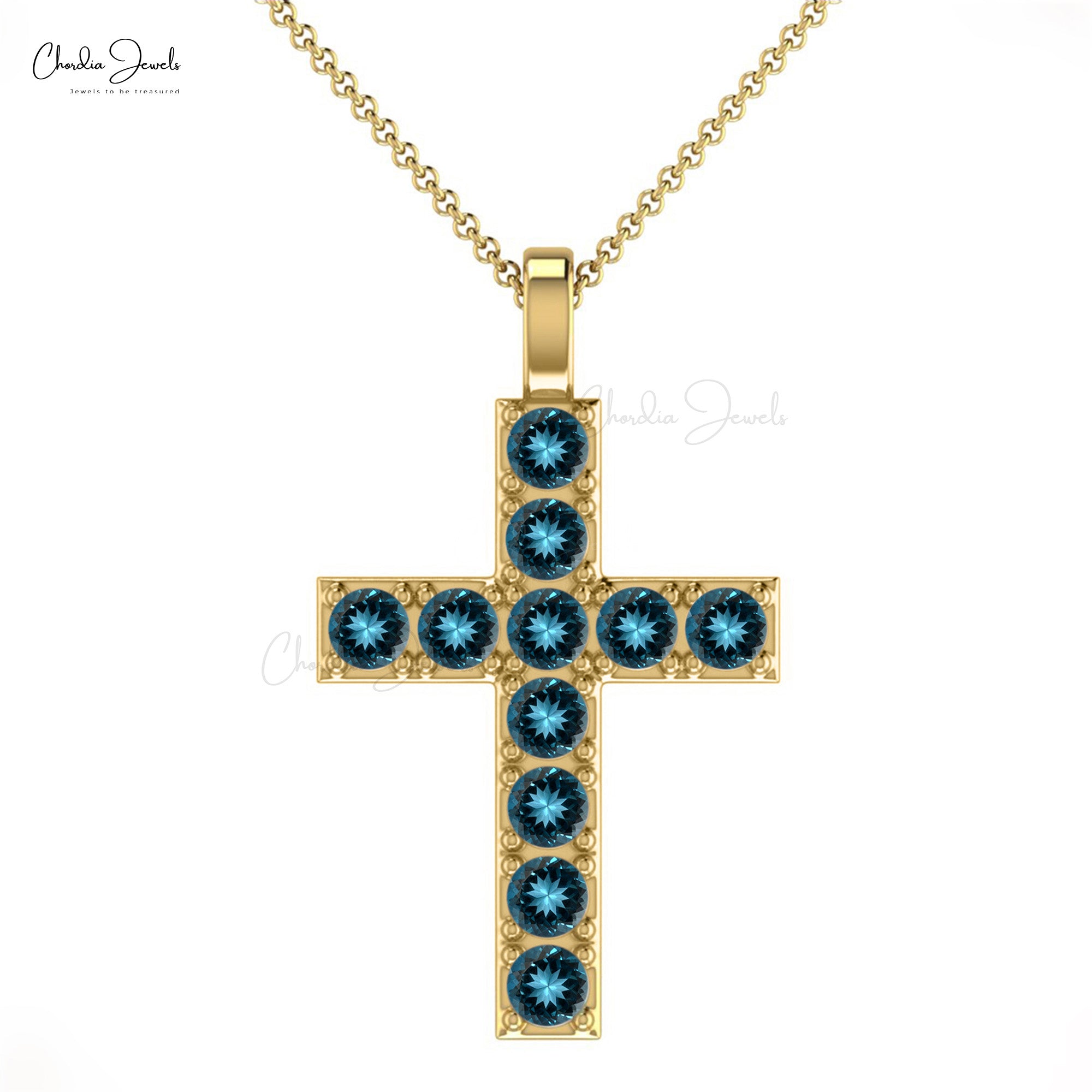 Solid 14k Gold Cross Pendant With 2mm London Blue Topaz Baptism Religious Necklaces