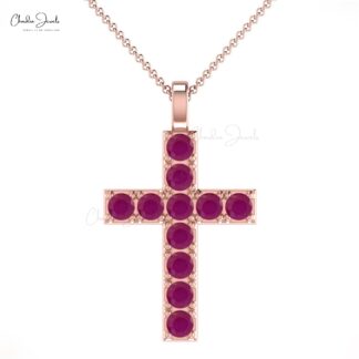 Dainty Religious Pendant In 14k Solid Gold Burma Ruby 0.33 Ct Gemstone Cross Necklace