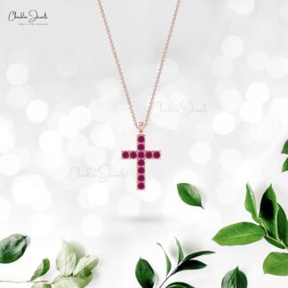 Dainty Religious Pendant In 14k Solid Gold Burma Ruby 0.33 Ct Gemstone Cross Necklace