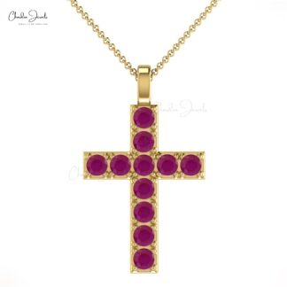 Dainty Religious Pendant In 14k Solid Gold Burma Ruby 0.33 Ct Gemstone Cross Necklace