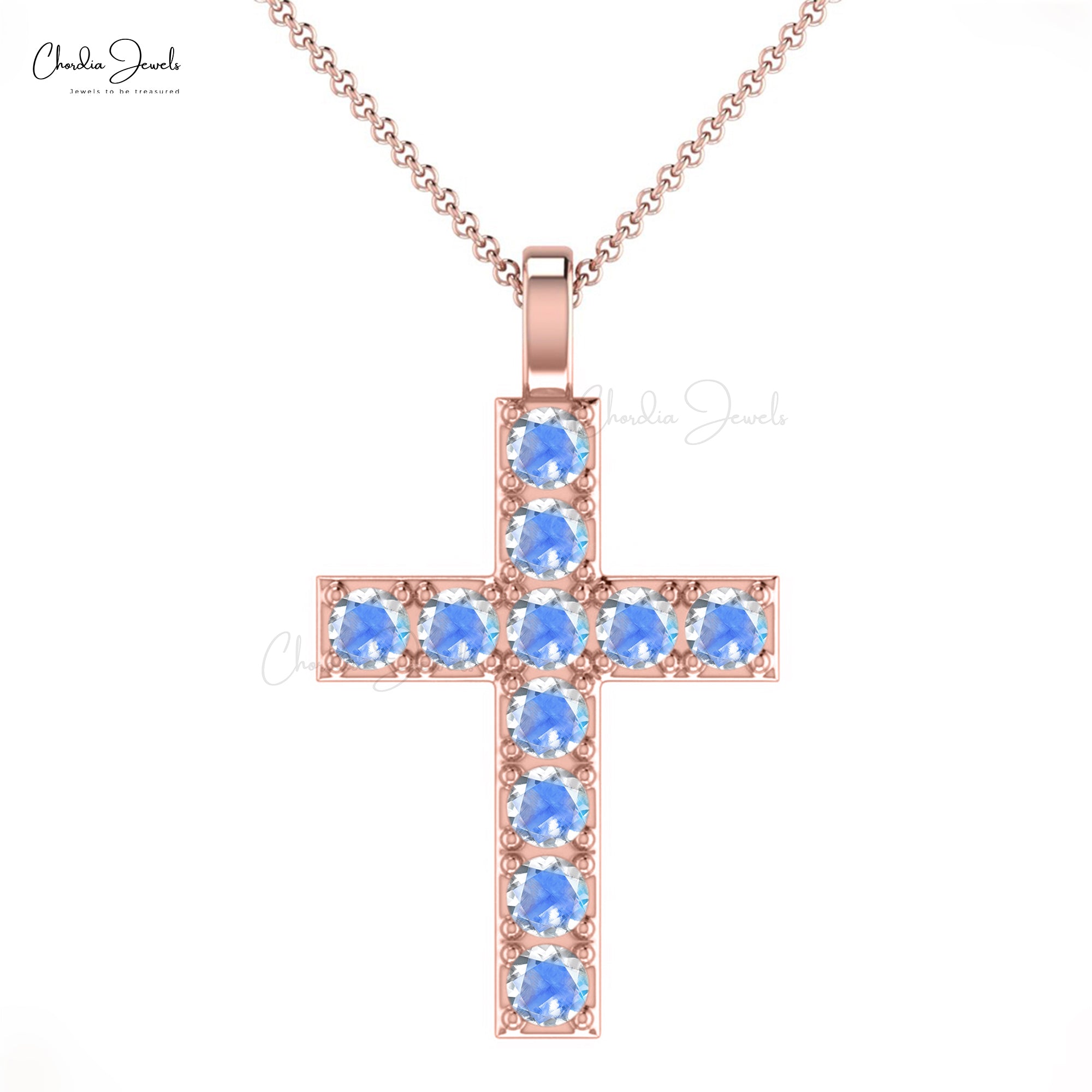 Natural Rainbow Moonstone Gemstones Accented in 14k Solid Gold Religious Pendant