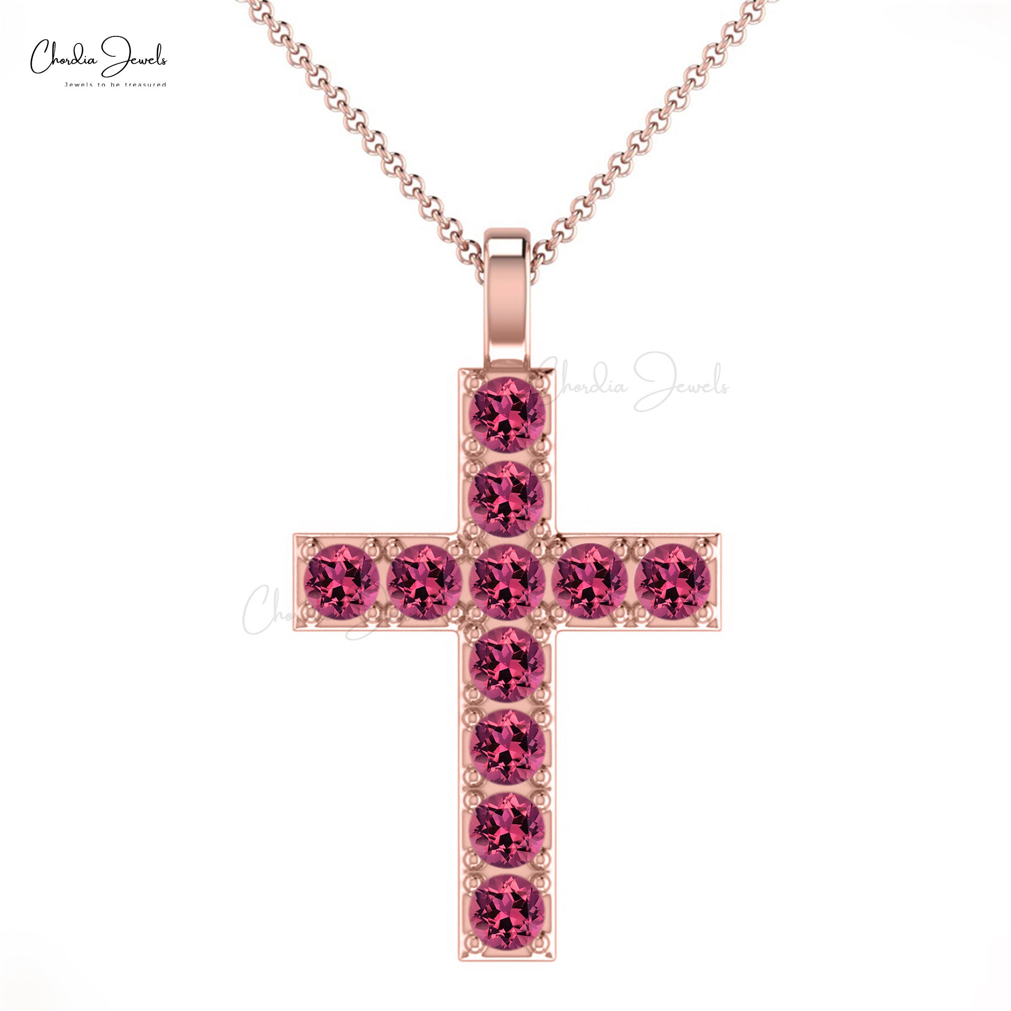 Natural Pink Tourmaline Cross Pendant In 14k Solid Gold Gemstone Religious Fine Jewelry
