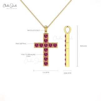 Natural Pink Tourmaline Cross Pendant In 14k Solid Gold Gemstone Religious Fine Jewelry