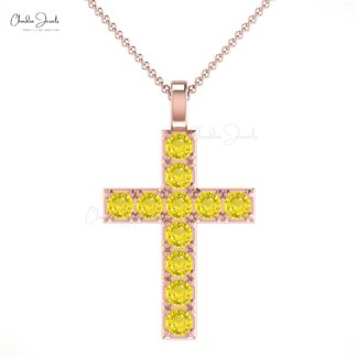 Religious Round Cut Pendant With 2mm Yellow Sapphire Cross Necklace In 14k Real Gold