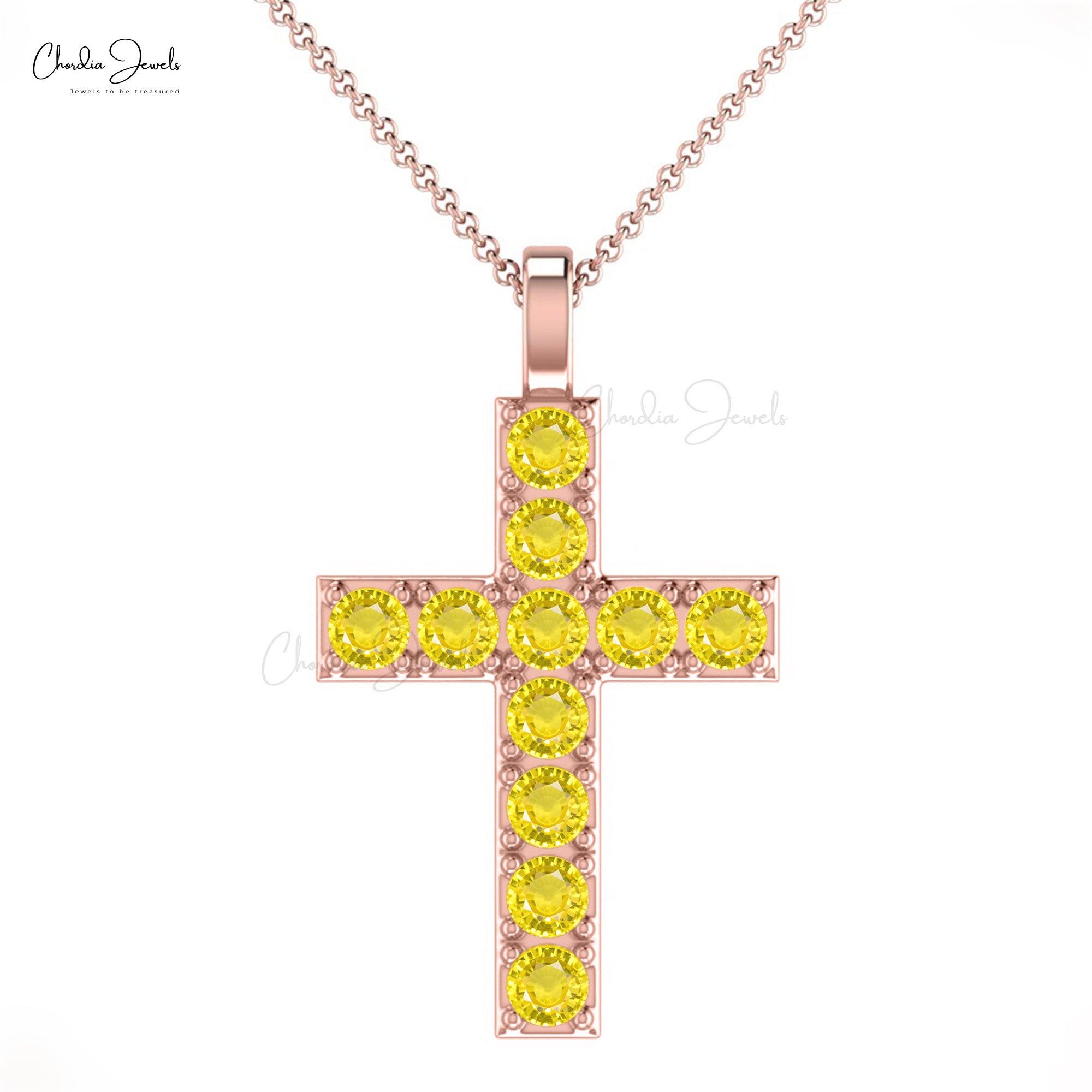 Religious Round Cut Pendant With 2mm Yellow Sapphire Cross Necklace In 14k Real Gold