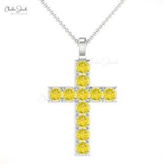 Religious Round Cut Pendant With 2mm Yellow Sapphire Cross Necklace In 14k Real Gold