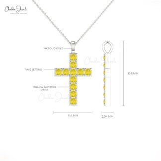 Religious Round Cut Pendant With 2mm Yellow Sapphire Cross Necklace In 14k Real Gold