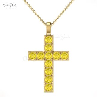 Religious Round Cut Pendant With 2mm Yellow Sapphire Cross Necklace In 14k Real Gold