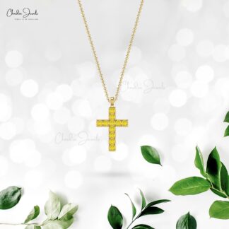 Religious Round Cut Pendant With 2mm Yellow Sapphire Cross Necklace In 14k Real Gold