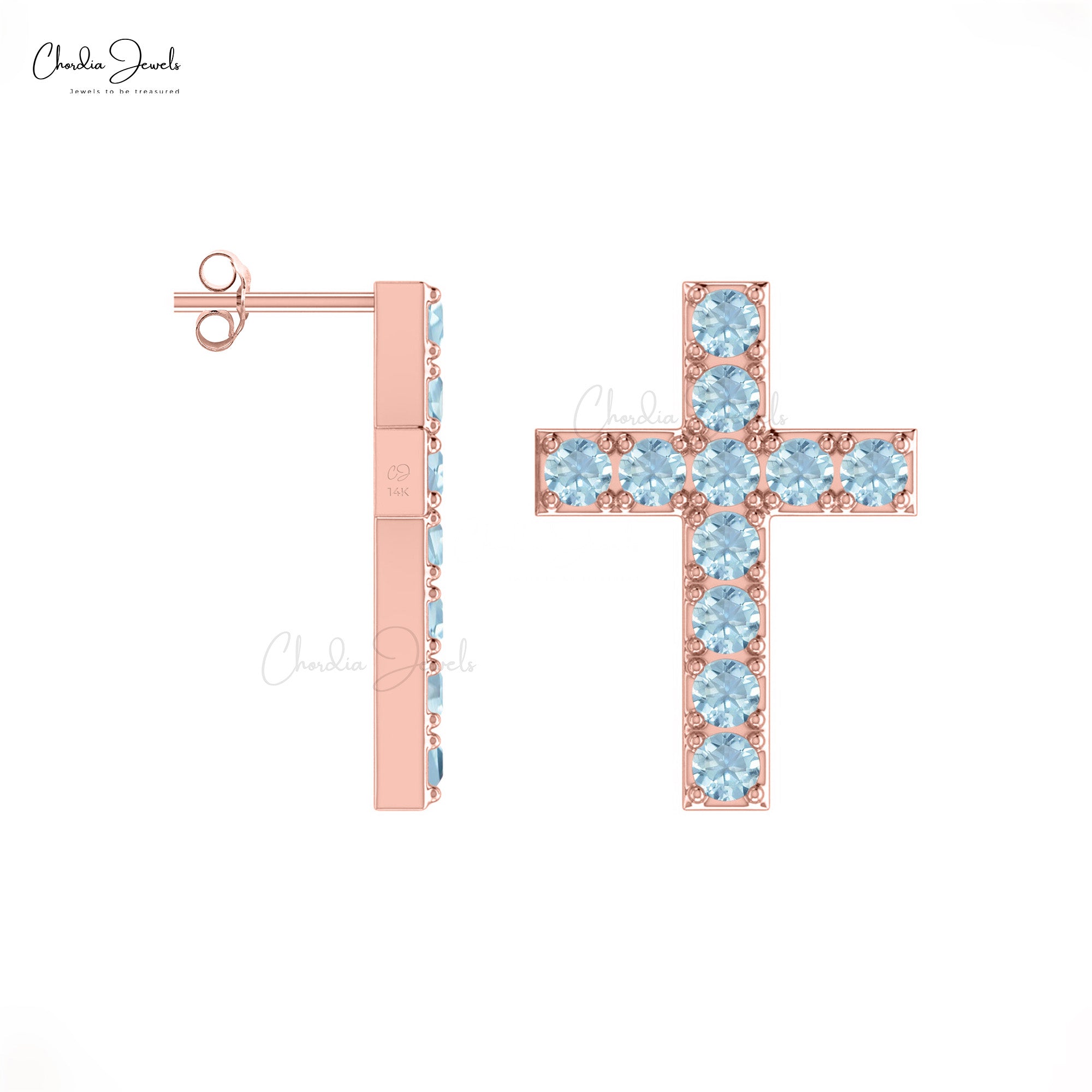 Jesus Pray Gold Studs In 14k Solid Gold Aquamarine 2mm Gemstone Minimal Cross Earrings