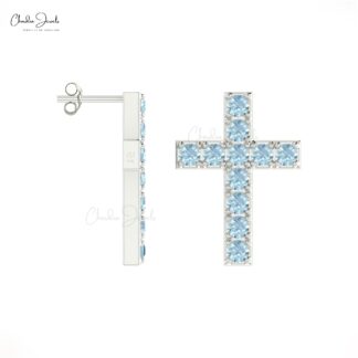 Jesus Pray Gold Studs In 14k Solid Gold Aquamarine 2mm Gemstone Minimal Cross Earrings