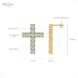 Jesus Pray Gold Studs In 14k Solid Gold Aquamarine 2mm Gemstone Minimal Cross Earrings
