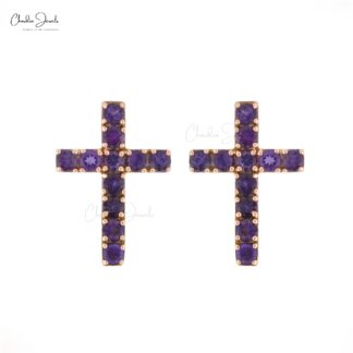 Real 14k Rose Gold Jesus Studs In 1.32 Ct Amethyst Gemstone Cross Push Back Earrings