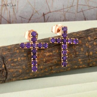 Real 14k Rose Gold Jesus Studs In 1.32 Ct Amethyst Gemstone Cross Push Back Earrings