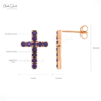 Real 14k Rose Gold Jesus Studs In 1.32 Ct Amethyst Gemstone Cross Push Back Earrings