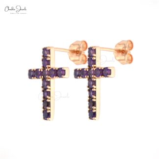 Real 14k Rose Gold Jesus Studs In 1.32 Ct Amethyst Gemstone Cross Push Back Earrings