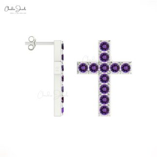 Dainty Cross Studs In Pure 14k Gold Amethyst 1.32 Ct Gemstone Religious Earrings