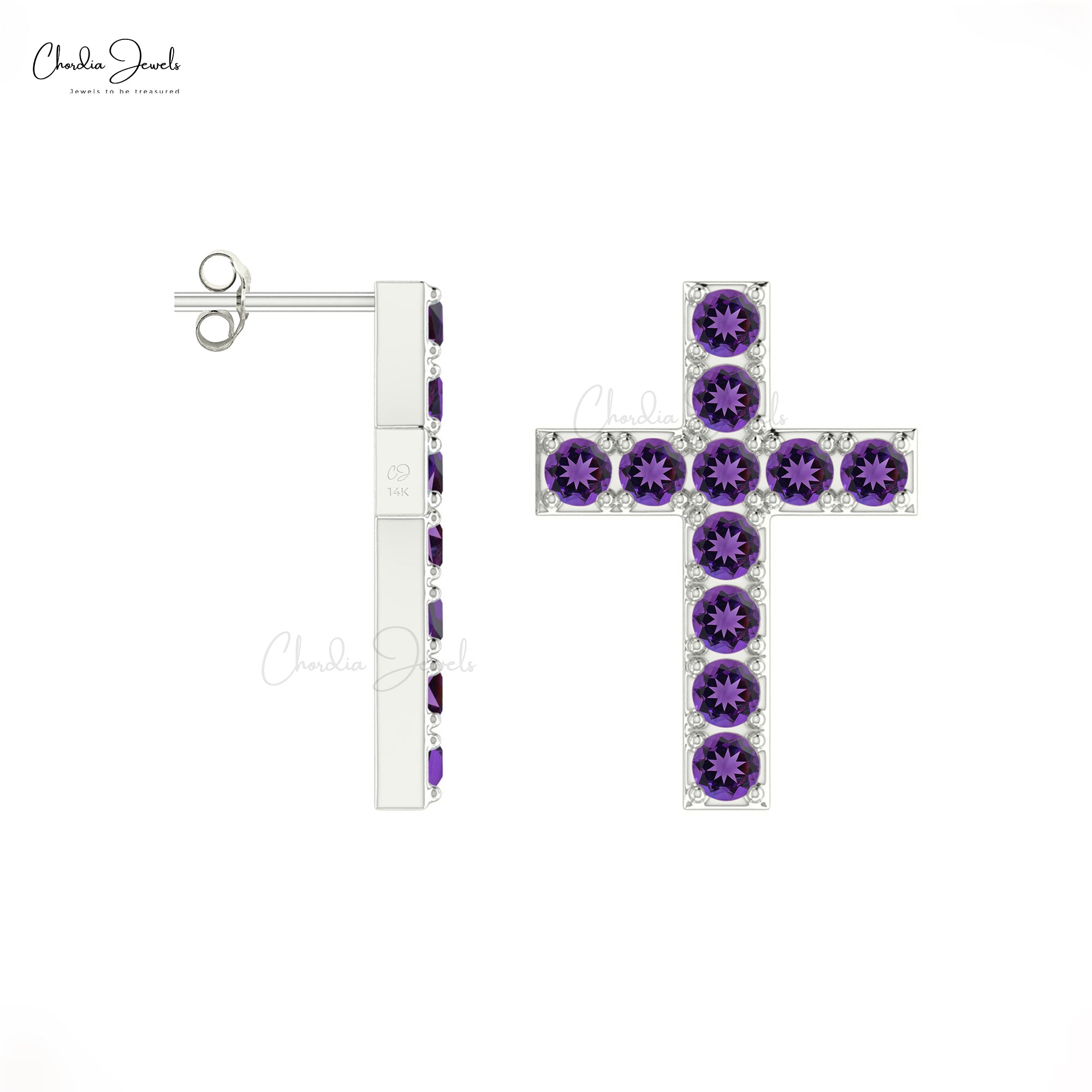 Dainty Cross Studs In Pure 14k Gold Amethyst 1.32 Ct Gemstone Religious Earrings