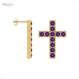 Dainty Cross Studs In Pure 14k Gold Amethyst 1.32 Ct Gemstone Religious Earrings