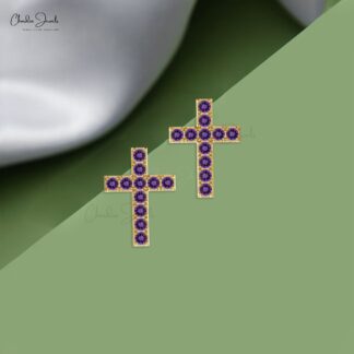 Dainty Cross Studs In Pure 14k Gold Amethyst 1.32 Ct Gemstone Religious Earrings