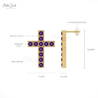 Dainty Cross Studs In Pure 14k Gold Amethyst 1.32 Ct Gemstone Religious Earrings
