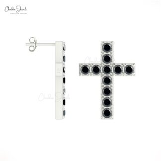 Dainty Diamond Religious Stud In Real 14k Gold Black Diamond Cross Jesus Earrings