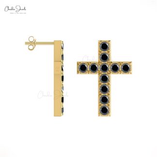 Dainty Diamond Religious Stud In Real 14k Gold Black Diamond Cross Jesus Earrings