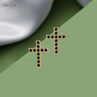 Dainty Diamond Religious Stud In Real 14k Gold Black Diamond Cross Jesus Earrings