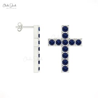 Cross Gemstone Studs In 14k Solid Gold Blue Sapphire Religious Stud Earrings For Her